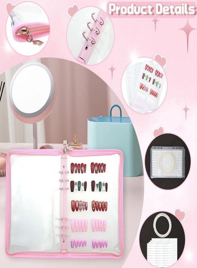 Ceoyiler Press On Nail Storage Organizer with 4 Insert Pages - A5 Size Portable False Nail Storage Box for Collecting and Organizing Tips with Tape and Zipper Pocket (Pink) - Image 5