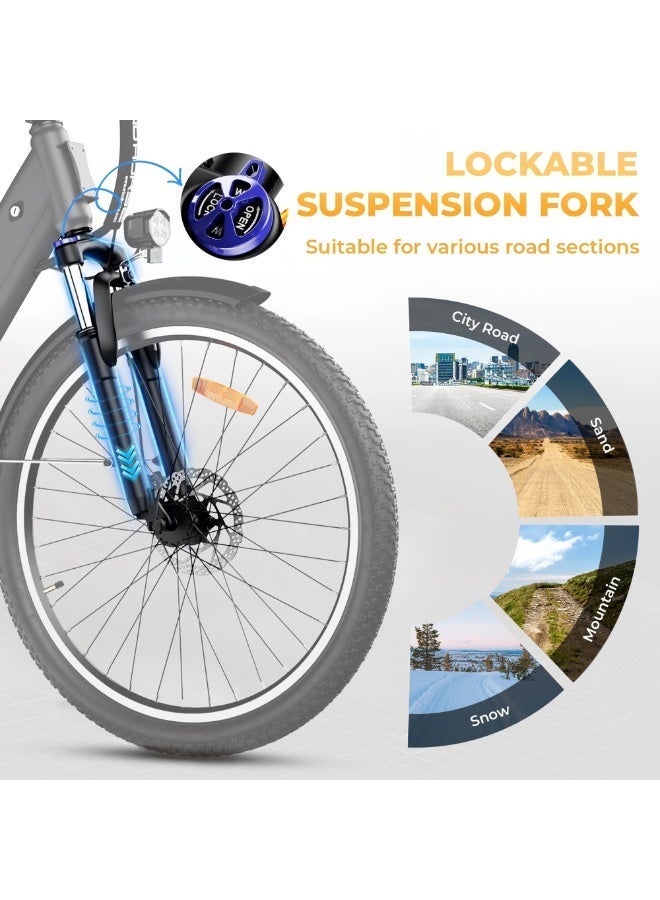 حصان الريح دراجة كهربائية F2 للبالغين بمحرك 350 واط، بطارية قابلة للإزالة 36 فولت 13 أمبير، سرعة قصوى 32 كم/ساعة، مدى 40-80 كم، إطار من سبائك الكربون، إطارات 26 بوصة، Shimano 7 سرعات، فرامل قرصية مزدوجة، تعليق أمامي، 3 أوضاع للقيادة - Image 5