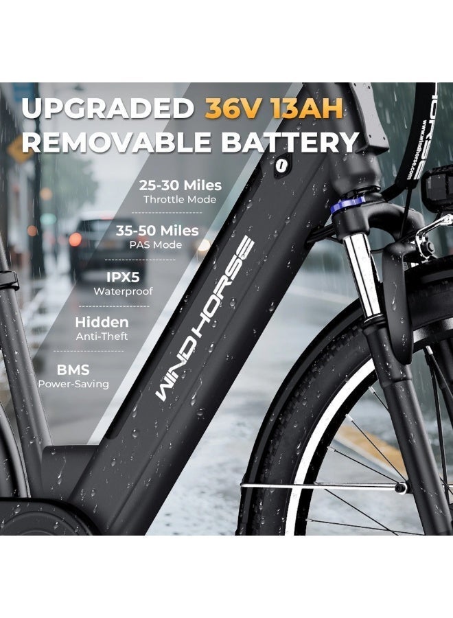 حصان الريح دراجة كهربائية F2 للبالغين بمحرك 350 واط، بطارية قابلة للإزالة 36 فولت 13 أمبير، سرعة قصوى 32 كم/ساعة، مدى 40-80 كم، إطار من سبائك الكربون، إطارات 26 بوصة، Shimano 7 سرعات، فرامل قرصية مزدوجة، تعليق أمامي، 3 أوضاع للقيادة - Image 4