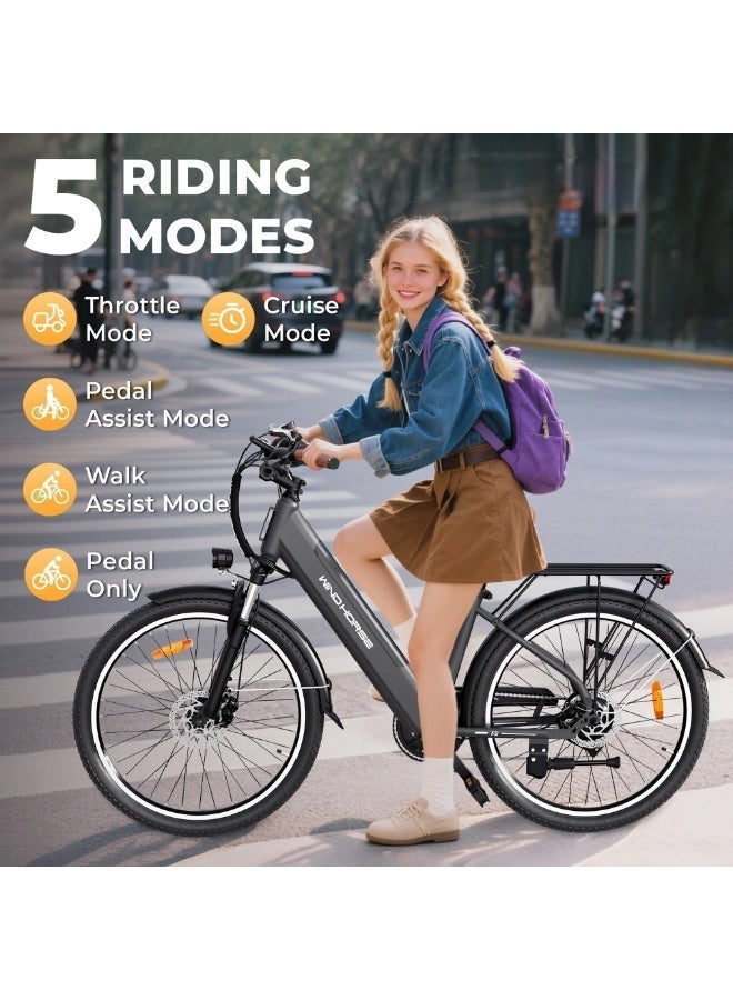 حصان الريح دراجة كهربائية F2 للبالغين بمحرك 350 واط، بطارية قابلة للإزالة 36 فولت 13 أمبير، سرعة قصوى 32 كم/ساعة، مدى 40-80 كم، إطار من سبائك الكربون، إطارات 26 بوصة، Shimano 7 سرعات، فرامل قرصية مزدوجة، تعليق أمامي، 3 أوضاع للقيادة - Image 3