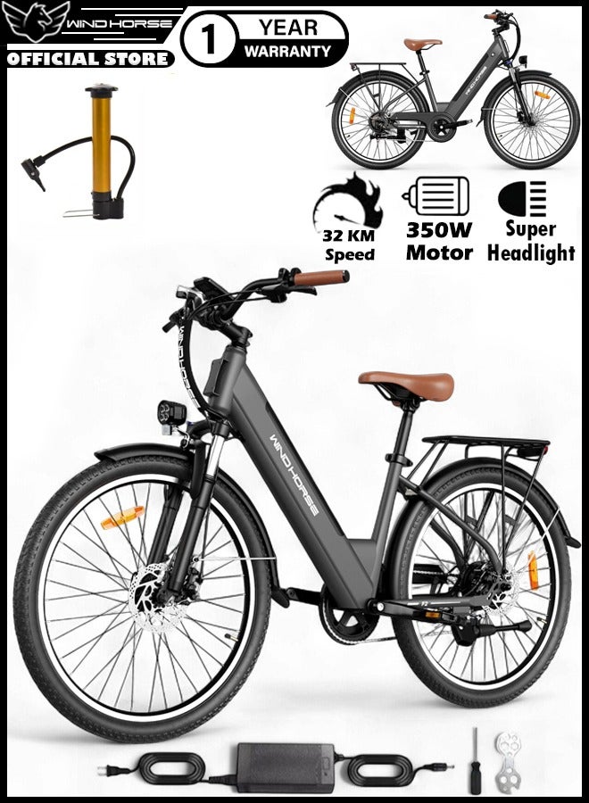 حصان الريح دراجة كهربائية F2 للبالغين بمحرك 350 واط، بطارية قابلة للإزالة 36 فولت 13 أمبير، سرعة قصوى 32 كم/ساعة، مدى 40-80 كم، إطار من سبائك الكربون، إطارات 26 بوصة، Shimano 7 سرعات، فرامل قرصية مزدوجة، تعليق أمامي، 3 أوضاع للقيادة - Image 1