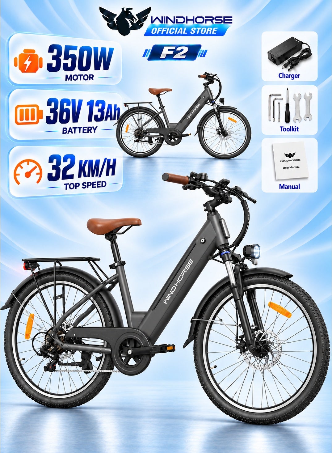 F2 Electric Bike for Adults 350W Motor, 36V 13Ah Removable Battery, 32KM/H Max Speed, 40–80KM Range, Carbon Alloy Frame, 26 Inches Tires, Shimano 7-Speed, Dual Disc Brakes, Front Suspension, 3 Riding Modes