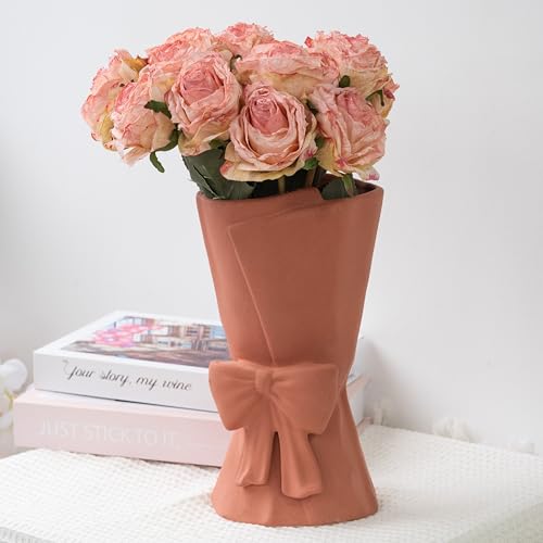 Relexome Pink Ceramic Bow Vase 9.64 in Unique Cute Modern Decorative Bouquet Flower Vases for Home Living Room Table Decor Women Girl Gifts - Image 4