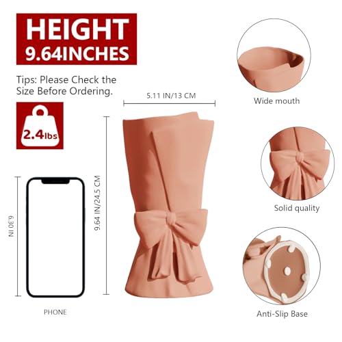 Relexome Pink Ceramic Bow Vase 9.64 in Unique Cute Modern Decorative Bouquet Flower Vases for Home Living Room Table Decor Women Girl Gifts - Image 2