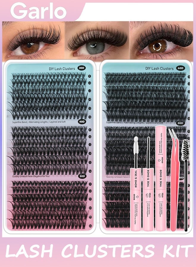 Garlo Lash Clusters Kit 708Pcs Individual Cluster Lash Extensions Kit 30D+40D+50D+60D+80D+100D Wispy Eyelash Clusters with Lash Bond and Seal and Tweezers 10-16mm 6 Styles Mix Lashes Clusters Kit - Image 1