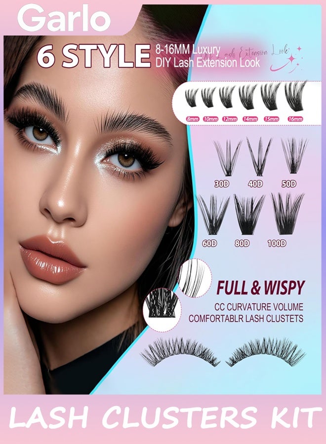 Garlo Lash Clusters Kit 708Pcs Individual Cluster Lash Extensions Kit 30D+40D+50D+60D+80D+100D Wispy Eyelash Clusters with Lash Bond and Seal and Tweezers 10-16mm 6 Styles Mix Lashes Clusters Kit - Image 5