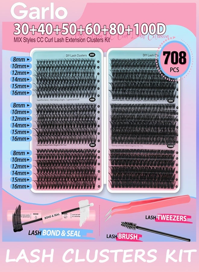 Garlo Lash Clusters Kit 708Pcs Individual Cluster Lash Extensions Kit 30D+40D+50D+60D+80D+100D Wispy Eyelash Clusters with Lash Bond and Seal and Tweezers 10-16mm 6 Styles Mix Lashes Clusters Kit - Image 2