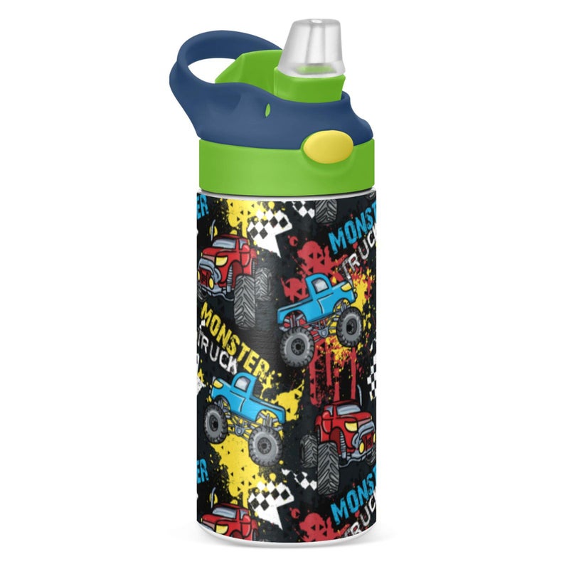 Monster Truck Black Kids Water Bottle with Straw and Carry Handle Racing Cars Sports Vacuum Insulated Stainless Steel Bottles LeakProof for Boys Girls Toddler 12 oz Green Lid