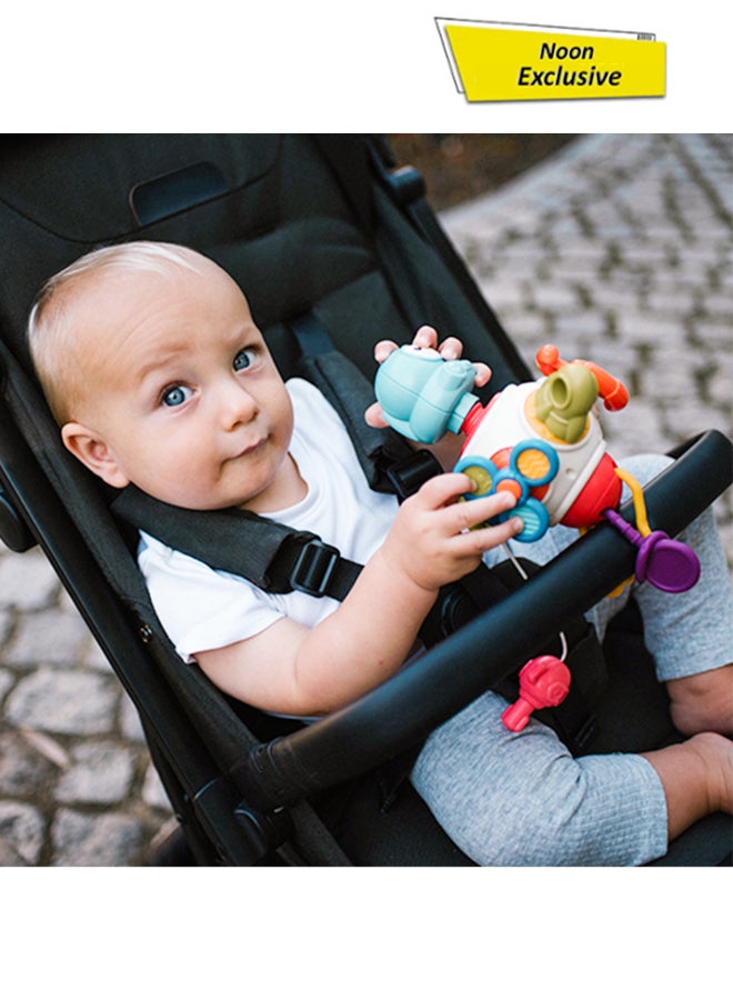 COGNIKIDS لعبة مكعب الفضاء المشغول 8 في 1 للأطفال الصغار – لعبة فidget حسية من مونتيسوري مع تروس، خيط سحب، صاروخ، دوّار وأزرار صوتية | لعبة تعليمية لتحسين المهارات الحركية الدقيقة للسفر وعربة الأطفال - Image 1