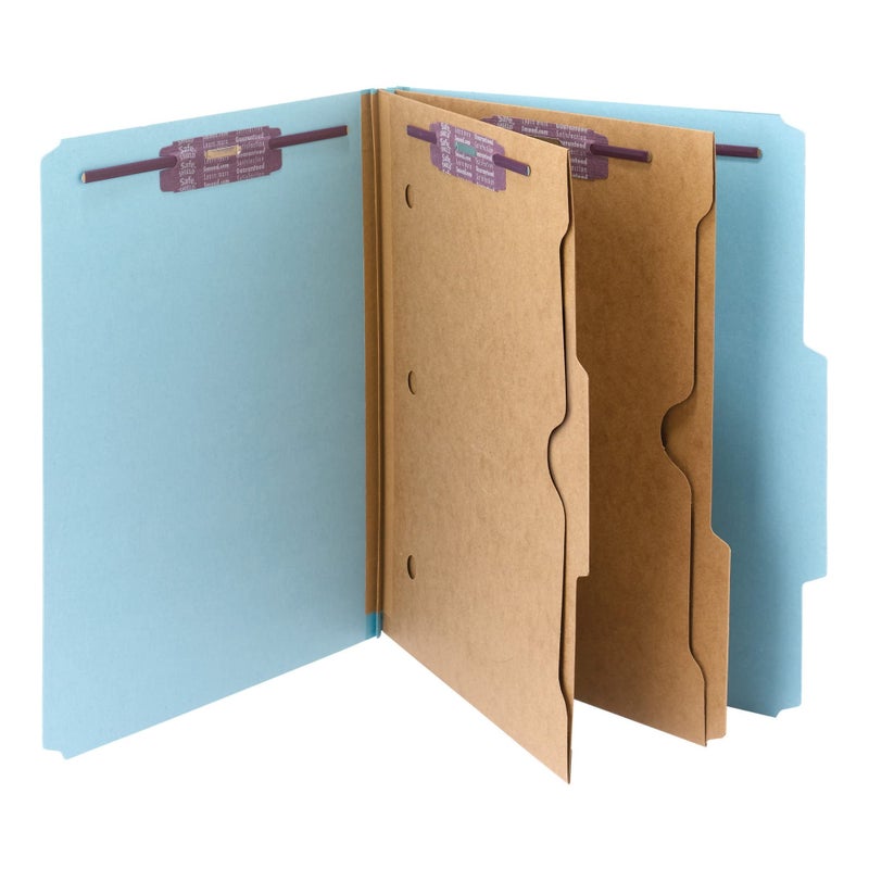 Smead Pressboard Classification File Folder with SafeSHIELD Fasteners, 2 Pocket Dividers, 2" Expansion, Letter Size, Blue, 10 per Box (14081) - Image 1