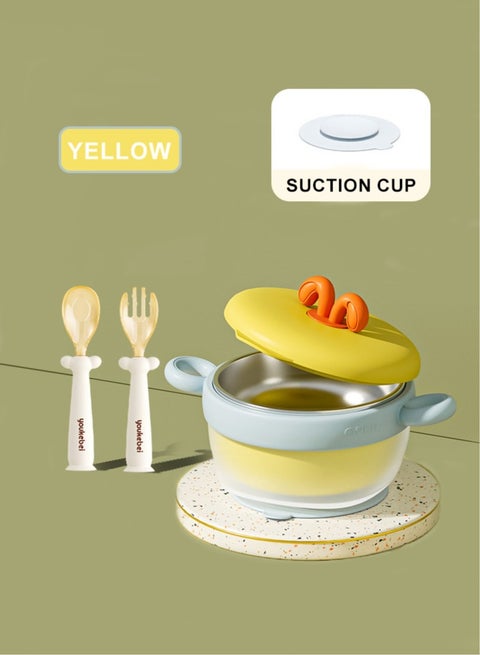 Temperature-Sensitive Stainless Steel Baby Bowl Set, Water Filled And Insulated, Drop And Scald Resistant, Fork And Spoon Included,Yellow