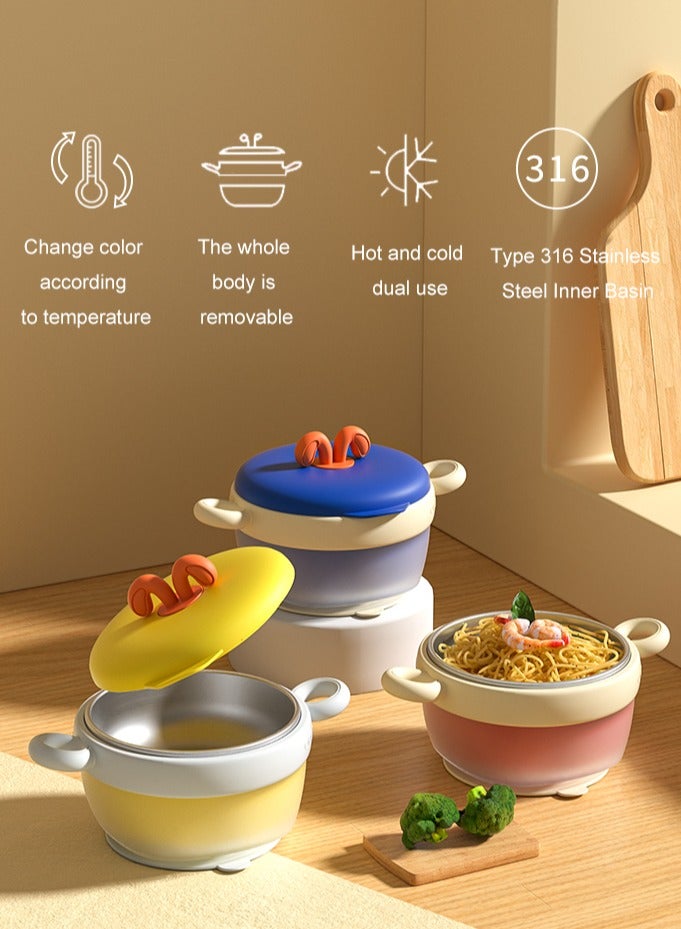 Temperature-Sensitive Stainless Steel Baby Bowl Set, Water Filled And Insulated, Drop And Scald Resistant, Fork And Spoon Included,Yellow