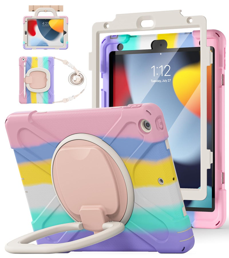 BATYUE for iPad 9th/ 8th/ 7th Generation Case (iPad 10.2 inch Rugged Case 2021/2020/2019) with Screen Protector, Rotating Stand/Pencil Holder/Carrying Shoulder Strap (Colourful Pink) - Image 1