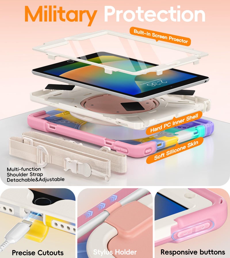 BATYUE for iPad 9th/ 8th/ 7th Generation Case (iPad 10.2 inch Rugged Case 2021/2020/2019) with Screen Protector, Rotating Stand/Pencil Holder/Carrying Shoulder Strap (Colourful Pink) - Image 4