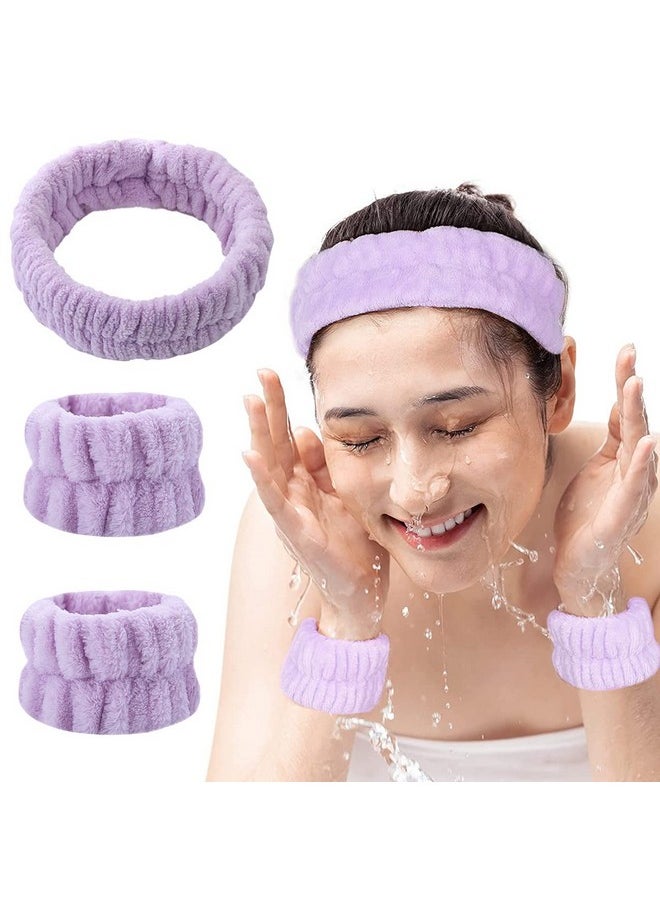 maycreate - ® 3Pcs Facial Spa Headband Wristband Combo Set Elastic Microfiber Face Wash Hairband Wrist Wash Bands For Face Washing Makeup Yoga Fitness (Purple) - Image 1