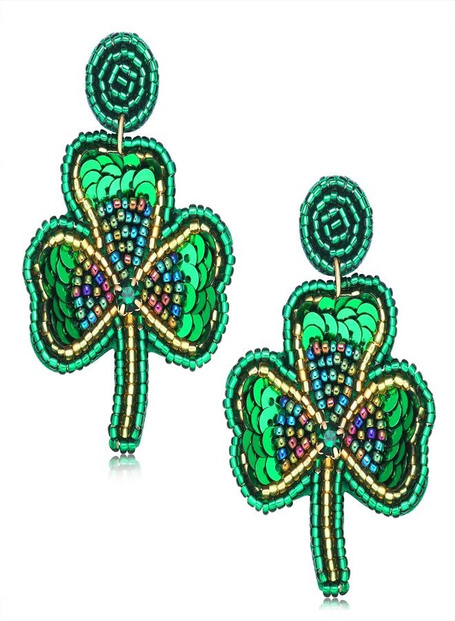 HSWE St Patrick's Day Earrings Handmade Shamrock Beaded Dangle Earrings Funny Irish Green Lucky Clover Drop Earrings for Women Holiday Party Jewelry Gifts - Image 1