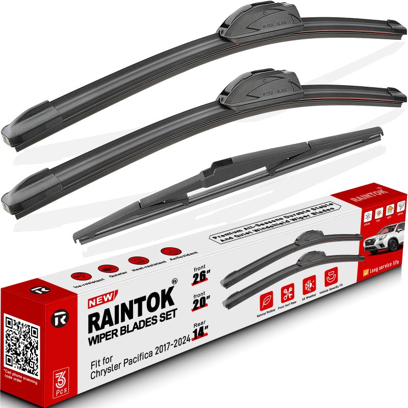 شفاطات الزجاج الأمامي RAINTOK بديل لسيارة كرايسلر بافيلكا 2017 2018 2019 2020-2024 مجموعة شفرات المساحات الأمامية والخلفية بجودة المصنع الأصلية 26 20 14 عبوة من 3