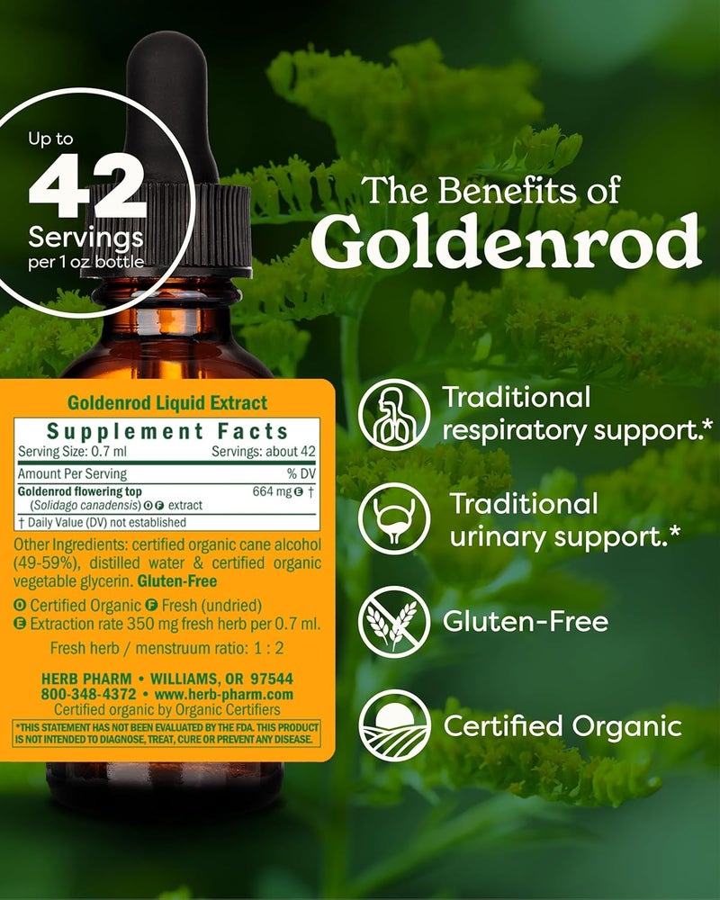 Herb Pharm Certified Organic Goldenrod Liquid Extract for Urinary System Support 1 Fl Oz Pack of 1 - Image 2
