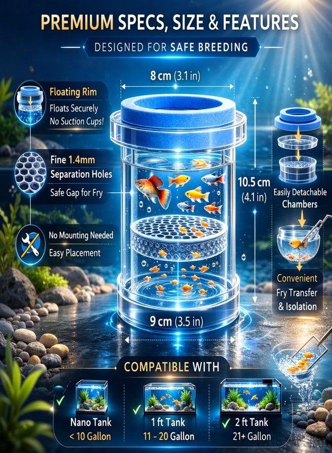 VAYINATO® Floating Fish Breeder Box for Aquarium - 11.5cm Double Layer Isolation Incubator with Foam Collar | Clear Fry Protection Box for Guppy, Betta & Small Fish - Image 3