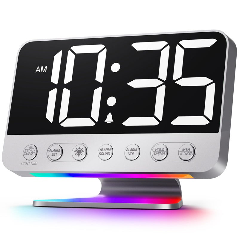 Odokee Digital Alarm Clocks for Bedrooms Large Bold Number 5 Brightness Dimmer  Easy to Read Across The Room  5 Alarm Sound 8 Night Light  Silver
