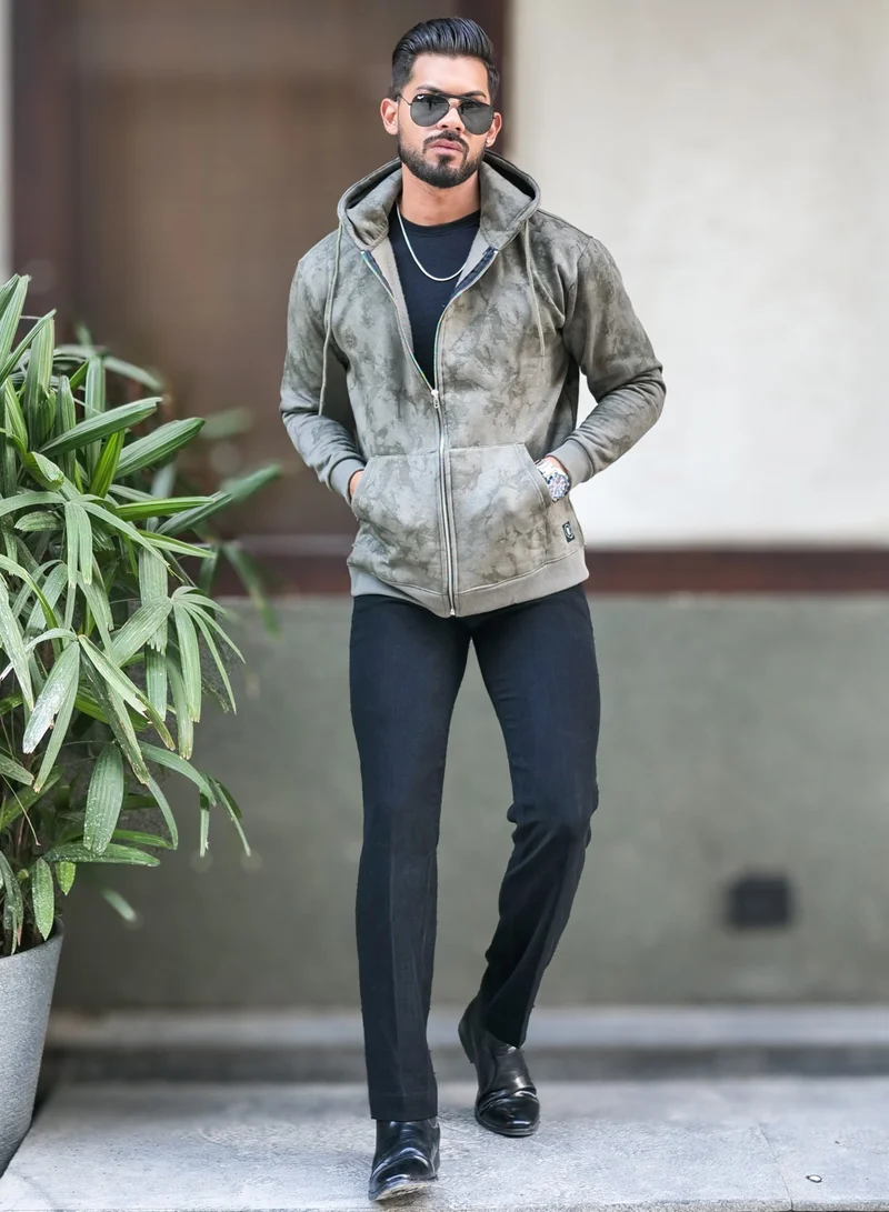 Maniac  Maniac Mens Spatter Spray Printed Round Neck Zipper Full Sleeve Olive Loopnet Sweatshirt for Men | Best Price UAE