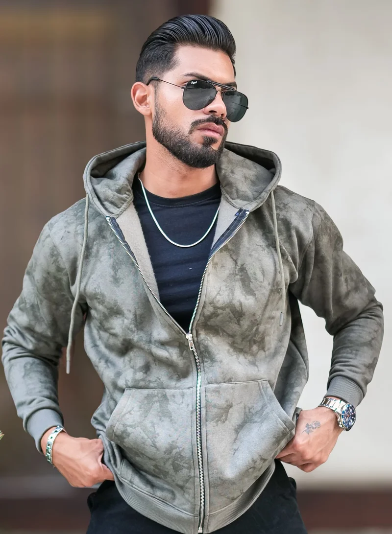 Maniac  Maniac Mens Spatter Spray Printed Round Neck Zipper Full Sleeve Olive Loopnet Sweatshirt for Men | Best Price UAE