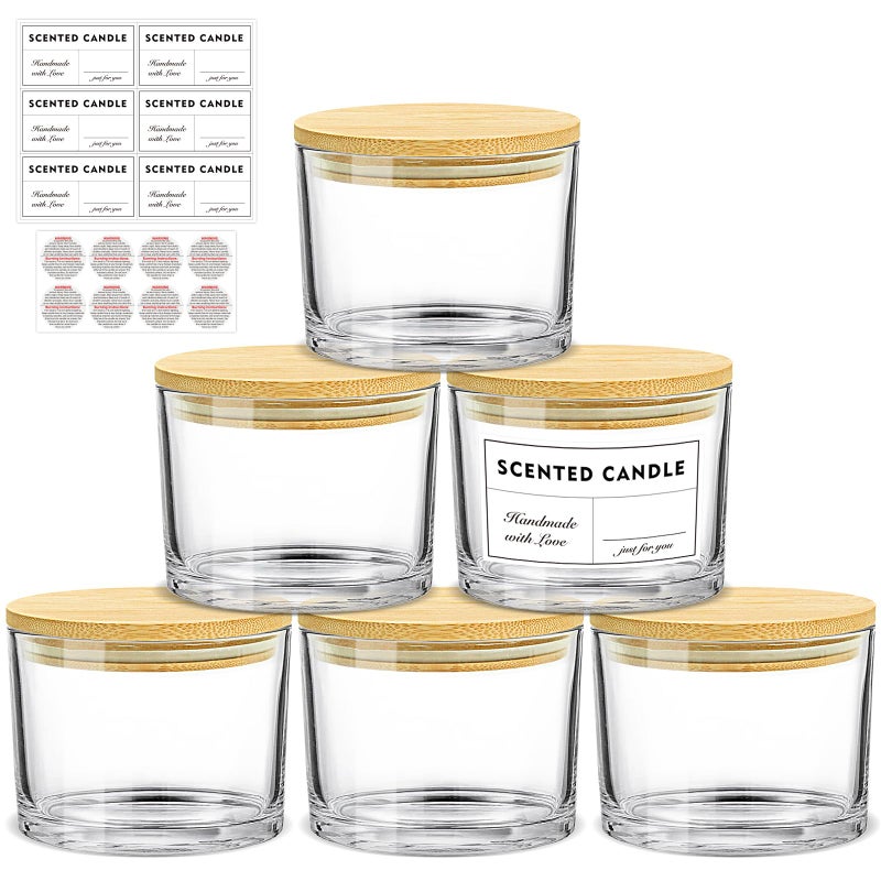 SUPMIND 16oz Candle Jars 6 Pack 3 Wick Large Empty Clear Glass Candle Making Vessels with Bamboo Lids with Stickers and Labels Bulk Candle Jars for Making Candles Containers Dishwasher Safe