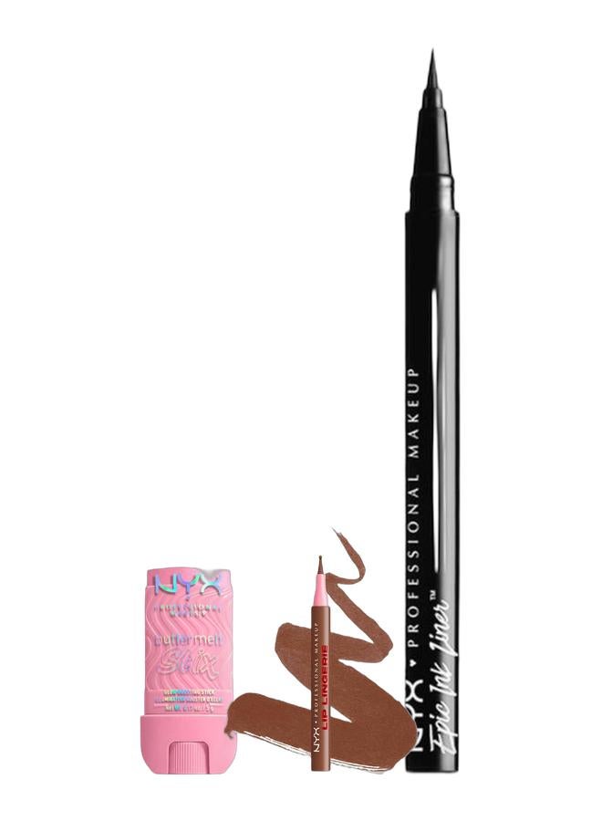 NYX PROFESSIONAL MAKEUP Lip Lingerie Lip Liner Stain, Seamless All Day Stain, Waterproof, Up To No Good & Epic Ink Liner, Waterproof Liquid Eyeliner, Vegan Formula Black & Buttermelt Stix, Glow Boosting Stix, up to 8 HR wear, My Melt Era Bundle - Image 1