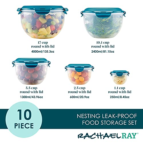 Rachael Ray Leak-Proof Nestable Container Food Storage Bin Set, 10-Piece, Clear with Teal Lids - Image 2