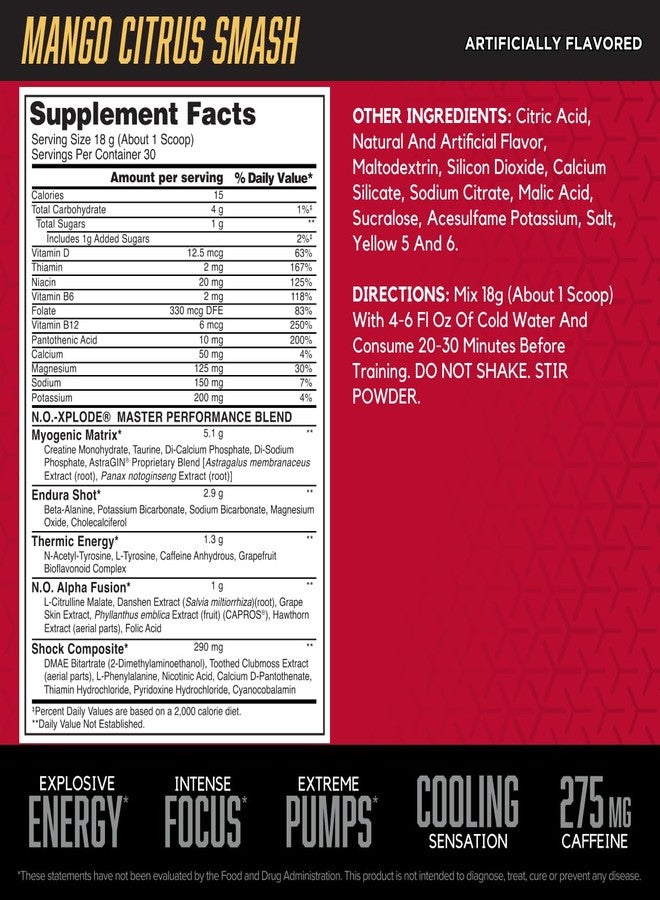 BSN N.O.-XPLODE Cool Rush Pre Workout Powder, Preworkout Energy Supplement for Men and Women with Creatine and Beta-Alanine, Mango Citrus Smash, 30 Servings, 1.2 Pound (Packaging May Vary) - Image 3