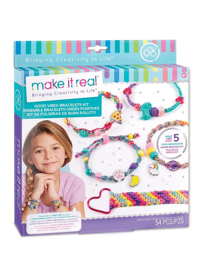Make It Real Make It Real Good Vibes Bracelet Kit|Create 5 Unique Cord Charm Bracelets|54 Pieces, Cotton & Colors Glitter Thread,38 Assorted Beads,2 Charms,Threader|DIY Arts & Crafts|Kids Ages 8+|Made in India  - Image 1