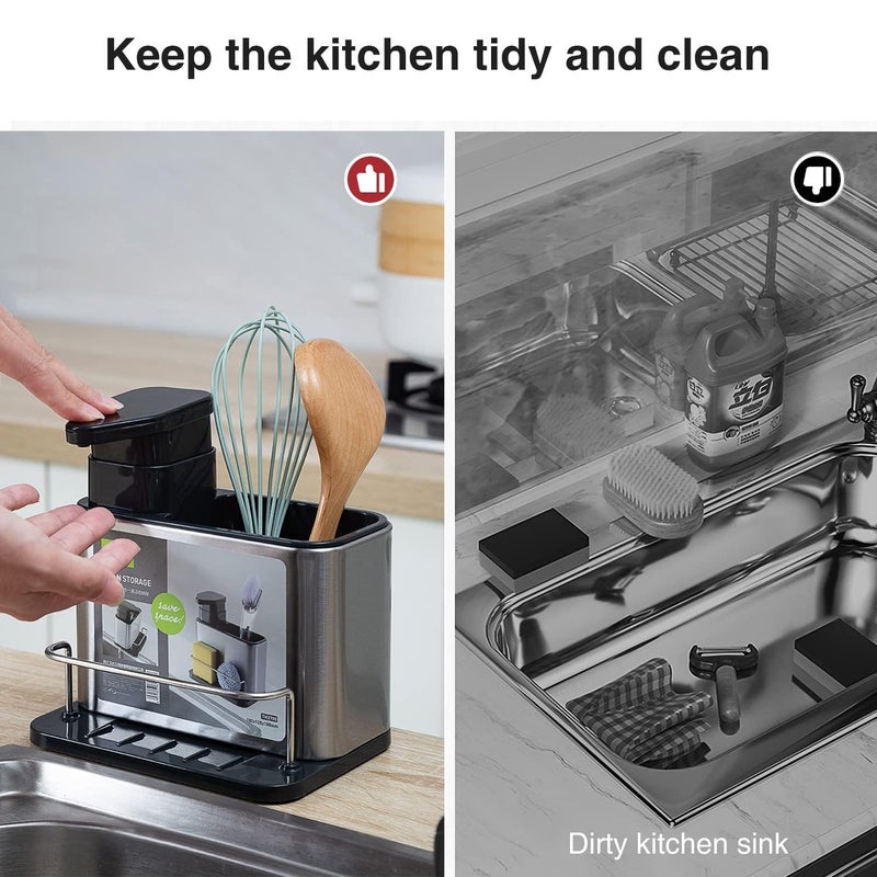 GALV Sink Organiser with Detergent Dispenser, 3-in-1 Sponge with Washing-Up Liquid Dispenser Container Stainless Steel with Drip Tray, Kitchen Organiser, Soap Dispenser with Sponge Holder. - Image 5