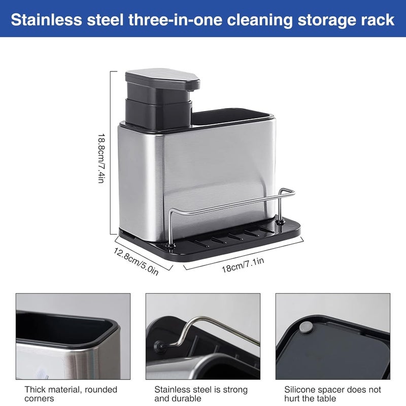 GALV Sink Organiser with Detergent Dispenser, 3-in-1 Sponge with Washing-Up Liquid Dispenser Container Stainless Steel with Drip Tray, Kitchen Organiser, Soap Dispenser with Sponge Holder. - Image 2