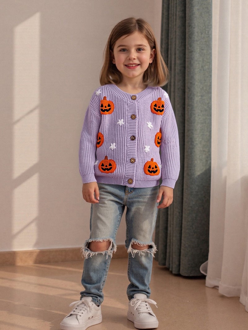 Toddler Baby Knit Cardigans Cute Halloween Pumpkin Embroidery Round Neck Long Sleeve Button Up Sweaters - Image 5