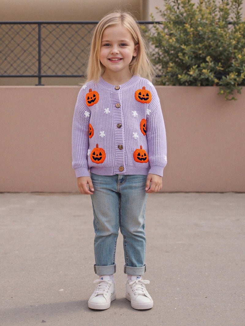 Toddler Baby Knit Cardigans Cute Halloween Pumpkin Embroidery Round Neck Long Sleeve Button Up Sweaters - Image 2