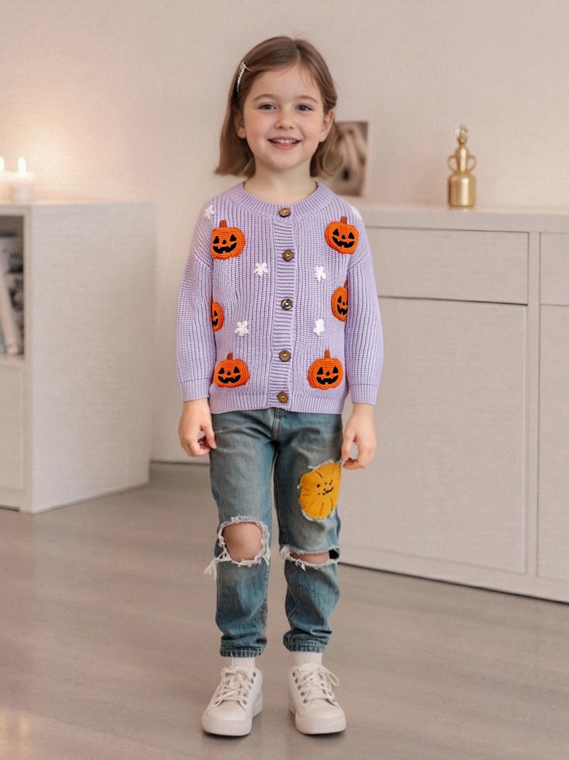 Toddler Baby Knit Cardigans Cute Halloween Pumpkin Embroidery Round Neck Long Sleeve Button Up Sweaters - Image 1