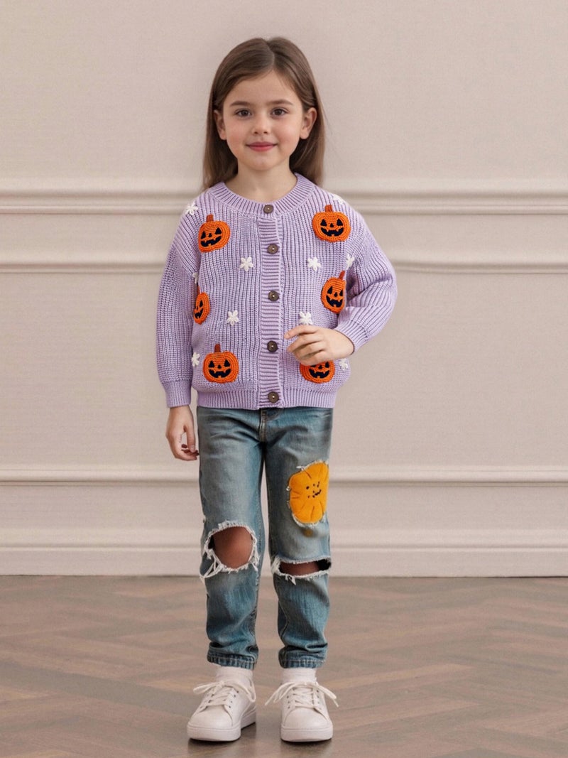 Toddler Baby Knit Cardigans Cute Halloween Pumpkin Embroidery Round Neck Long Sleeve Button Up Sweaters - Image 4