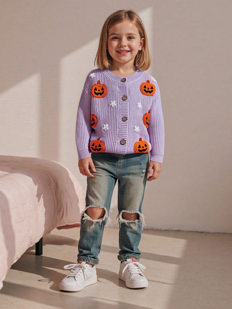 Toddler Baby Knit Cardigans Cute Halloween Pumpkin Embroidery Round Neck Long Sleeve Button Up Sweaters - Image 3