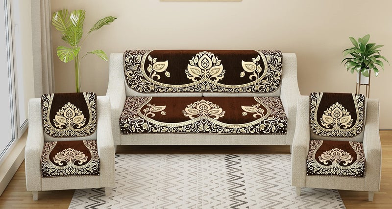 Dazzling DECOR Velvet Sofa Cover 3 Seater and 2-Sofa Cover 5 Seater Full Set for Couch- Heavy Fabric Slip 2701_Brown - Image 1