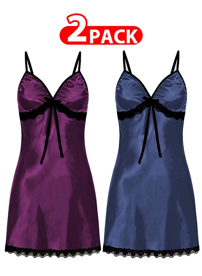 MARGOUN 2 Pack Women Large Size Silk Nightwear Slip Dress Pajamas Robe Sleepdress Nightdress Deep V Neck Solid Color Satin Silk Lace Comfortable / Size(cm) L Bust: 72-82 Waist: 68-80