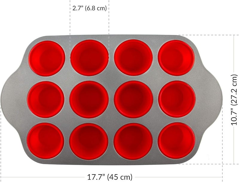 Boxiki Kitchen قالب مافن سيليكون غير لاصق 12 كوب مع إطار فولاذي - خالي من BPA، غير سام، مقاوم للتشوه، متين وسهل الاستخدام - قالب كعك مثالي - Image 5