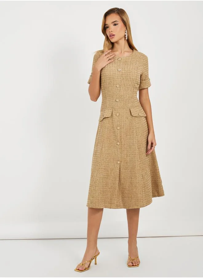 Styli Tweed A-Line Midi Dress with Button Detail