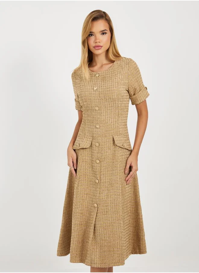 Styli Tweed A-Line Midi Dress with Button Detail