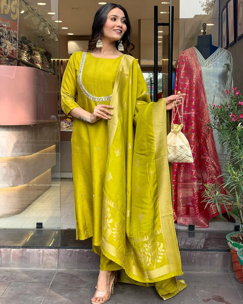 GoSriKi  GoSriKi Women's Silk Blend Straight Embroidered Kurta with Pant & Dupatta (Deluxe GREEN-VKS01-GS_L_Green_Large) for Women | Best Price UAE