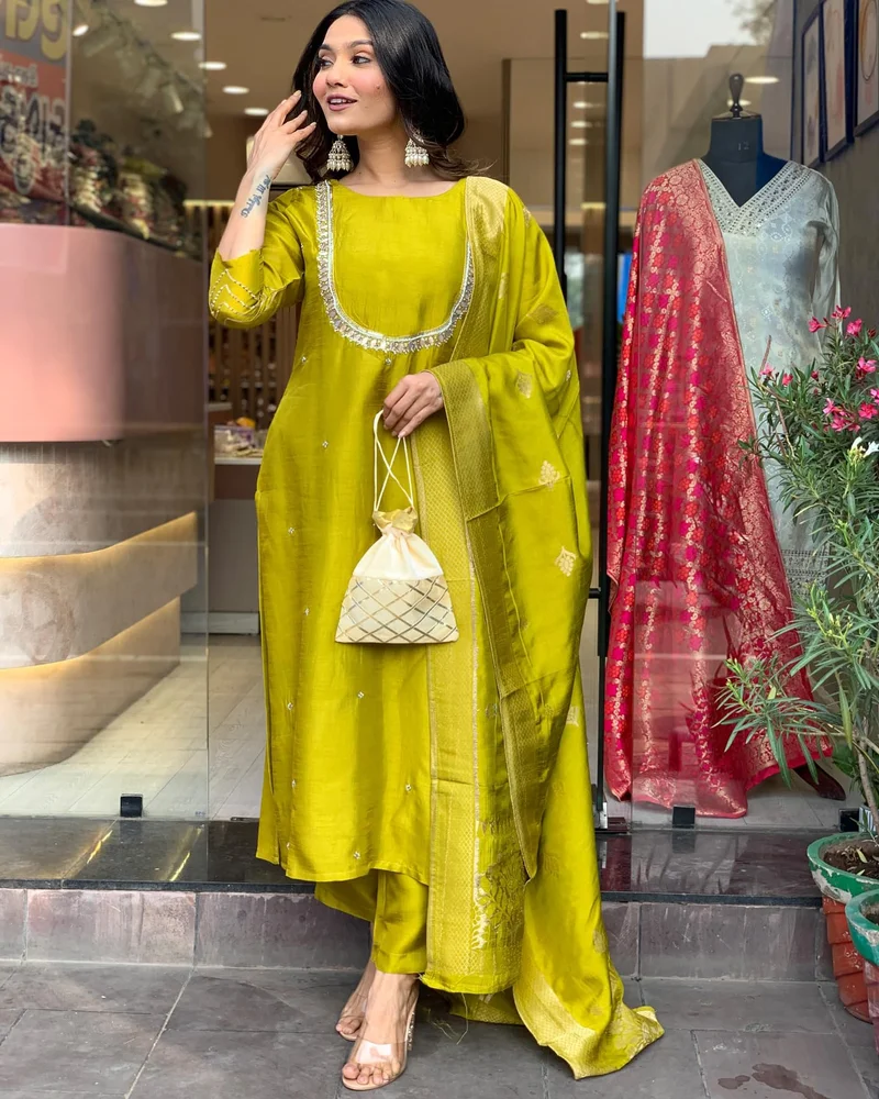 GoSriKi  GoSriKi Women's Silk Blend Straight Embroidered Kurta with Pant & Dupatta (Deluxe GREEN-VKS01-GS_L_Green_Large) for Women | Best Price UAE