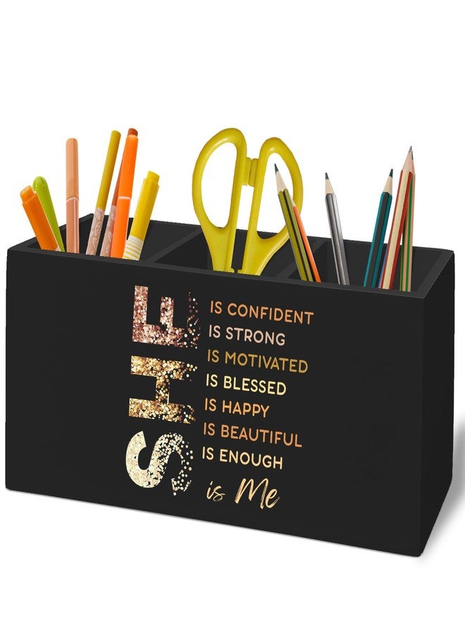 XLDLIOO Inspirational Black Pen Pencil Holder Organizer for Desk Accessories, She Is Confident Motivational Wooden Box Desk Decor for Girly Room Bedroom Dorm Decoration, Positive Gifts for Women - Image 1