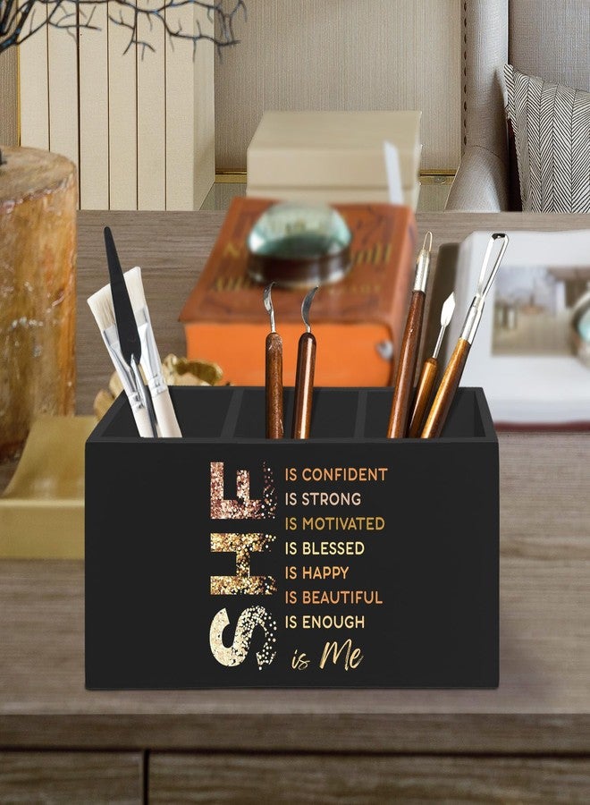 XLDLIOO Inspirational Black Pen Pencil Holder Organizer for Desk Accessories, She Is Confident Motivational Wooden Box Desk Decor for Girly Room Bedroom Dorm Decoration, Positive Gifts for Women - Image 2