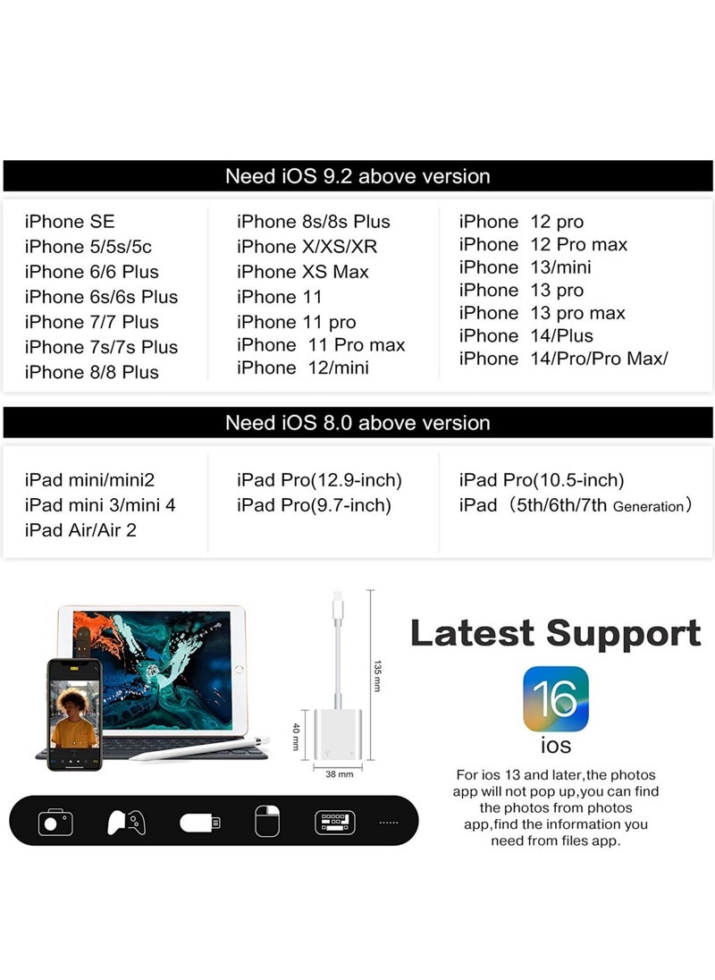 USB Camera Adapter with Charging Port, Portable USB Female OTG Adapter Compatible with iPhone iPad, iPad to USB Adapter Plug and Play Support Card Reader