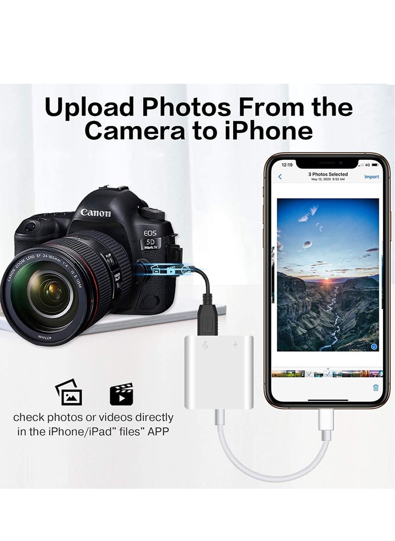 USB Camera Adapter with Charging Port, Portable USB Female OTG Adapter Compatible with iPhone iPad, iPad to USB Adapter Plug and Play Support Card Reader