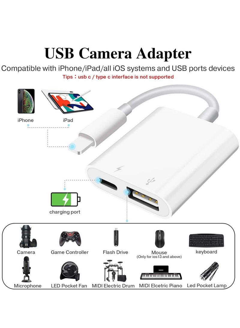 USB Camera Adapter with Charging Port, Portable USB Female OTG Adapter Compatible with iPhone iPad, iPad to USB Adapter Plug and Play Support Card Reader